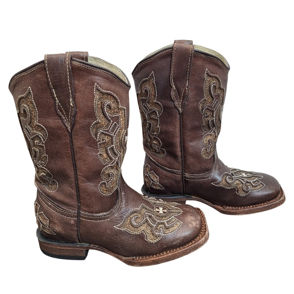 Tanner Mark Kids Brown Leather Square Toe Cross Embroidered Cowboy Boots Size 9